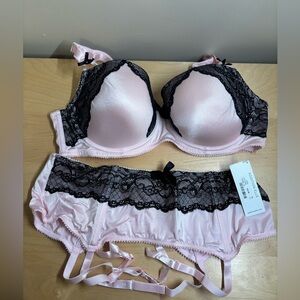 Pink and Black Lace Bra and Garter Set